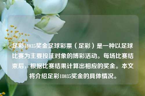 足彩18035奖金足球彩票（足彩）是一种以足球比赛为主要投注对象的博彩活动。每场比赛结束后，根据比赛结果计算出相应的奖金。本文将介绍足彩18035奖金的具体情况。