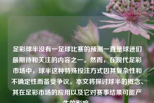足彩球半没有一足球比赛的预测一直是球迷们最期待和关注的内容之一。然而，在现代足彩市场中，球半这种特殊投注方式因其复杂性和不确定性而备受争议。本文将探讨球半的概念、其在足彩市场的应用以及它对赛事结果可能产生的影响。